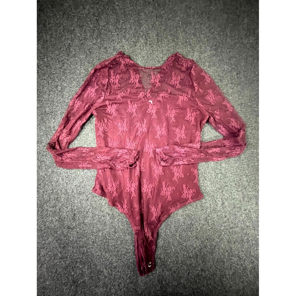 SO Bodysuit Sheer Womens Large Burgundy Floral Lace Nylon Stretch Long Sleeve
